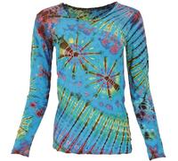 GURU SHOP Unikat Batik Shirt, Unikat Boho Langarmshirt - Türkis, Damen