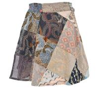 GURU SHOP Weit Schwingender Patchwork Wickelrock, Minirock, Boho Upcyceling Baumwoll-Sommerrock - Blau/bunt, Damen, Baumwolle
