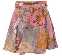 GURU SHOP Weit Schwingender Patchwork Wickelrock, Minirock, Boho Upcyceling Baumwoll-Sommerrock - Rosa/rot, Damen, Baumwolle