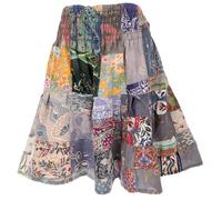 GURU SHOP Weit Schwingender Upcyceling Patchwork Minirock, Boho Baumwoll Sommerrock - Blau, Damen, Baumwolle