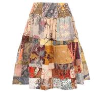 GURU SHOP Weit Schwingender Upcyceling Patchwork Minirock, Boho Baumwoll Sommerrock - Braun/bunt, Damen, Baumwolle