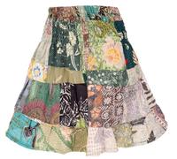 GURU SHOP Weit Schwingender Upcyceling Patchwork Minirock, Boho Baumwoll Sommerrock - Grün, Damen, Baumwolle