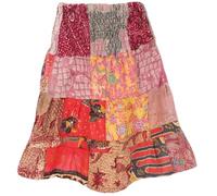 GURU SHOP Weit Schwingender Upcyceling Patchwork Minirock, Baumwoll Sommerrock, Damen, Rot/pink, Baumwolle, Size:One Size