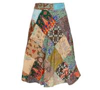 GURU SHOP Weit Schwingender Upcyceling Patchwork Wickelrock, Maxirock, Boho Baumwoll Sommerrock Für Starke Frauen - Grün/bunt, Damen, Baumwolle