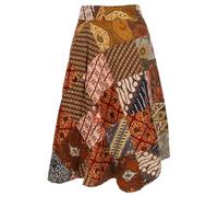 GURU SHOP Weit Schwingender Upcyceling Patchwork Wickelrock, Maxirock, Boho Baumwoll Sommerrock Für Starke Frauen - Braun/bunt, Damen, Baumwolle