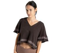 GURU SHOP Weites Top mit Handgefertigtem Druck, Leinenlook Boho Blusentop - Dunkelbraun, Damen, Baumwolle, Size:M