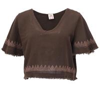GURU SHOP Weites Top mit Handgefertigtem Druck, Leinenlook Boho Blusentop - Dunkelbraun, Damen, Size:S
