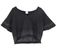 GURU SHOP Weites Top mit Handgefertigtem Druck, Leinenlook Boho Blusentop - Schwarz, Damen, Size:L