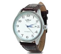 Gute Mechanical mechanische Armbanduhr für Herren, Modell „Winner“, klassisches Design, weißes Zifferblatt, Blaue Zeiger, Armband aus Kunstleder, selbstaufziehend