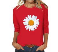 Gutschein 3/4 Arm Shirt Damen Gänseblümchen Druck Bluse Tops Sommer Tshirt Oberteile Basic Shirt Tunika Pullover Rundhals T-Shirt Bequeme Casual Longtops Beachwear Locker Blusen T Shirts Longbluse
