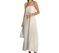 GVCXCSGE Damen-Maxikleid aus Leinen mit Tube-Top, trägerlos, A-Linie, Bandeau, Swing, langes Kleid, Strand, Freizeitkleid (Small,Khaki)