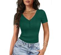 Gyabnw Damen Basic T Shirt Sommer Kurzarm V Ausschnitt Henley Kragen mit Knopfleiste Slim Fit weiches Stretch Oberteile