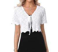 Gyabnw Damen Bolero Elegante Boleros Strickjacke Kurzarm Cardigan Aushol Festlicher Bolerojacke Schnüren Sommer Blazer Jäckchen Bolero für Abendkleider Hochzeit Strand Cocktailkleid WeißS