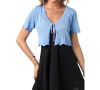Gyabnw Damen Bolero Elegante Boleros Strickjacke Kurzarm Cardigan Aushol Festlicher Bolerojacke Schnüren Sommer Blazer Jäckchen Bolero für Abendkleider Hochzeit Strand Cocktailkleid BlauS