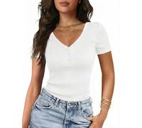 Gyabnw Damen Kurzarm T Shirt mit V Ausschnitt und Henley Knopfleiste Slim Fit Stretch Stoff weiches Elegantes Basic Shirt Sommer Oberteile Damen