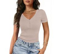 Gyabnw Damen Kurzarm T Shirt mit V Ausschnitt und Henley Knopfleiste Slim Fit Stretch Stoff weiches Elegantes Basic Shirt Sommer Oberteile Damen