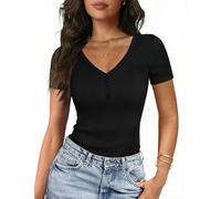 Gyabnw Damen Kurzarm T Shirt V Ausschnitt Henley Knopfleiste Slim Fit Stretch weiches Basic Sommer Oberteil elegant und vielseitig