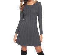 Gyabnw Damen Strickkleid Elegante A-Linie Kleid Pulloverkleid Zopfmuster Rundhalsausschnitt Minikleid Strickpullover für Party Cocktail Freizeit, Grau, XL