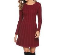 Gyabnw Damen Strickkleid Elegante A-Linie Kleid Pulloverkleid Zopfmuster Rundhalsausschnitt Minikleid Strickpullover für Party Cocktail Freizeit, Weinrot, L