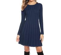 Gyabnw Damen Strickkleid Elegante A-Linie Kleid Pulloverkleid Zopfmuster Rundhalsausschnitt Minikleid Strickpullover für Party Cocktail Freizeit, Navy Blau, M