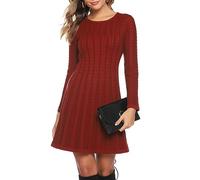 Gyabnw Damen Strickkleid Elegante A-Linie Kleid Pulloverkleid Zopfmuster Rundhalsausschnitt Minikleid Strickpullover für Party Cocktail Freizeit, Rot, XXL