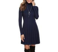 Gyabnw Damen Strickkleid Rollkragen Winterkleid Elegante A-Linie Knielanges Kleid Pulloverkleid Zopfmuster Minikleid Strickpullover für Party Cocktail Freizeit, Navy Blau-Rollkragen, XL