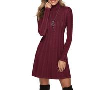 Gyabnw Damen Strickkleid Rollkragen Winterkleid Elegante A-Linie Knielanges Kleid Pulloverkleid Zopfmuster Minikleid Strickpullover für Party Cocktail Freizeit, Weinrot-Rollkragen, L