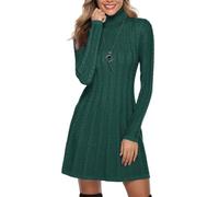Gyabnw Damen Strickkleid Rollkragen Winterkleid Elegante A-Linie Knielanges Kleid Pulloverkleid Zopfmuster Minikleid Strickpullover für Party Cocktail Freizeit, Grün-Rollkragen, XL