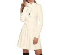 Gyabnw Damen Strickkleid Rollkragen Winterkleid Elegante A-Linie Knielanges Kleid Pulloverkleid Zopfmuster Minikleid Strickpullover für Party Cocktail Freizeit, Aprikose-Rollkragen, L
