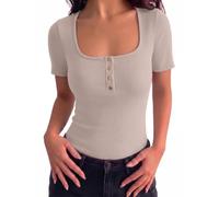 Gyabnw Damen T-Shirt V-Ausschnitt Knöpfen Gerippt Stretch Sommer | Oberteile Kurzarm, Basic Tops, Elegant Rippshirt, Slim Fit, Einfarbig, Casual für Alltag Freizeit