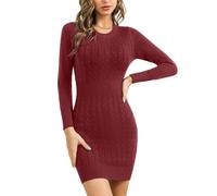 Gyabnw Strickkleid Damen Langarm Pulloverkleid Rundhals Winterkleid Elegante Bodycon Minikleid Winter Kleid, Weinrot M