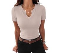 Gyabnw T-Shirt Damen V Ausschnitt Sommer Kurzarm Figurbetont Oberteil Basic Bluse Rippshirt Sexy Casual Tops Beige