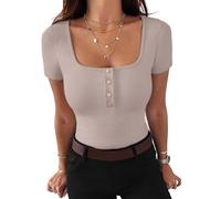 Gyabnw T-Shirt Damen V Ausschnitt Sommer Oberteil mit Knöpfen Kurzarm Basic Bluse Rippshirt Sexy Casual Tops Beige
