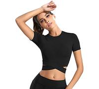 Gym Yoga Crop Top für Frauen Damen Langarm Laufshirt Sportshirt mit Daumenloch Funktionsshirt Atmungsaktiv Sport Oberteil Fitness Kleidung Kurzärmliges S