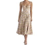 GYORI Women Y2k Square Neck Floral Long Dress Low Cut,Square Neck Dresses with Slits Corset Midi Dresses,Bustier Sundress Corset Back,Sleeveless Bustier Midi Dress Going Out Spaghetti Strap Sundress