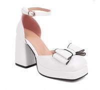 GZHMMAN Damen Hohle Sandalen Pumps Hoher Absatz Quadratischer Kopf Dicke Sohle Dicker Absatz Fliege Schnallenriemen 9CM Hoch,White,38