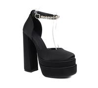 GZHMMAN Damen-Sandalen, hohe Absätze, quadratischer Zehenbereich, klobige Absätze, doppellagig, wasserdicht, Plateau, Strass, Knöchelschnalle, Riemen, Absatzhöhe 15 cm, Schwarz, Größe 40