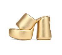 GZHMMAN Damen-Sandalen mit rundem Zehenbereich, hoher Absatz, integrierter dicker Absatz, wasserdicht, Plateau, Wolfskopf, Dekoration, Absatzhöhe 14 cm, leger, goldfarben, 39