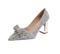 GZHMMAN High Heels Damen Blockabsatz Kleid Pumps Schuhe Kristall Strass Spitz Geschlossene Zehen Blockabsätze,Silver,37