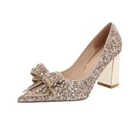 GZHMMAN High Heels Damen Blockabsatz Kleid Pumps Schuhe Kristall Strass Spitz Geschlossene Zehen Blockabsätze,Gold,38