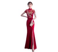 GZKDKZB Rotes traditionelles chinesisches Brautkleid im chinesischen Stil, Stickerei, Cheongsam, Robe, Party- und Abendkleid, Hochzeits-Qipao (Farbe: Burgund, Größe: S)