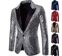 GZYshoyao Herren Pailletten Sakko Gold Glitzer Blazer Slim Fit Hochzeit Mantel Langarm Mantel Anzug Herrenjacke Performance-Kostüm für Hochzeit und Party Formelle Kleidung für Herren (Silber, XL)