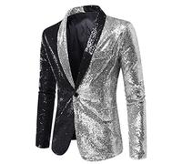 GZYshoyao Herren Pailletten Sakko Gold Glitzer Blazer Slim Fit Hochzeit Mantel Langarm Mantel Anzug Herrenjacke Performance-Kostüm für Hochzeit und Party Formelle Kleidung für Herren (621-Silber, L)