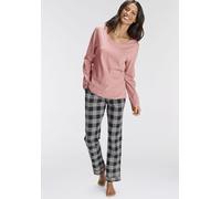 Pyjama H.I.S, Damen, Gr. 32, rosa (dunkelrosa, schwarz, grau, kariert), Single Jersey, Obermaterial: 100% Baumwolle, Basic lang, Rundhals, Homewear-Sets Pyjama, mit karierter Schlafhose (50167752-32) 
