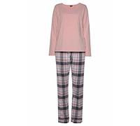 Pyjama H.I.S, Damen, Gr. 40, bunt (rosa, rosa, grau, kariert), Single Jersey, Obermaterial: 100% Baumwolle, kariert, mehrfarbig, Basic lang, Rundhals, Homewear-Sets Pyjama, mit karierter Schlafhose (2