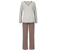 Pyjama H.I.S, Damen, Gr. 44/46, beige (creme, taupe), Single Jersey, Obermaterial: 100% Baumwolle, gestreift, unifarben, Basic, Basic lang, V-Ausschnitt, eingesetzt Blende kontrastfarben, Homewear-Set