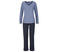 Pyjama H.I.S, Damen, Gr. 56/58, blau (blau, marine), Single Jersey, Obermaterial: 100% Baumwolle, gestreift, unifarben, Basic, Basic lang, V-Ausschnitt, eingesetzt Blende kontrastfarben, Homewear-Sets