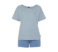 Shorty H.I.S, Damen, Gr. 52/54, blau, Single Jersey, Obermaterial: 95% Baumwolle, 5% Elasthan, bestickt, gestreift, loose fit kurz, Rundhals, Homewear-Sets Shorty, mit Logostickerei auf der Brust (591