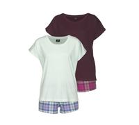 Shorty H.I.S, Damen, Gr. 44/46, bunt (mint, kariert, bordeaux, kariert), Single Jersey, Obermaterial: 100% Baumwolle, kariert, Basic, loose fit kurz, Rundhals, angeschnitten abgesteppt, Homewear-Sets