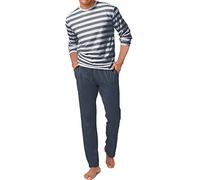 Pyjama H.I.S, Herren, Gr. 44/46 (S), grau (grau, creme), Jersey, Obermaterial: 60% Baumwolle, 40% Polyester, gestreift, Basic, lang, Rundhals, abgesteppte Kante, Homewear-Sets Pyjama, Schlafanzug mit 